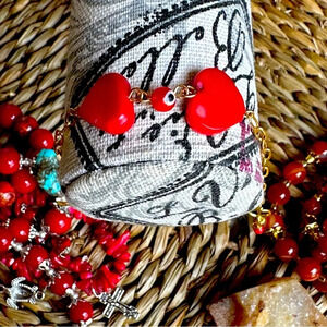 Coral rosary link chain hearts /adjustable charm dainty silver bracelet/